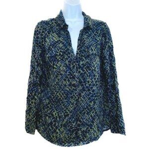 Splendid V-Neck Popover Top S Snakeskin Print Rayon Blouse Long Sleeve Blue Gree